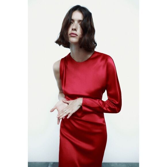 NWT ZARA ASYMMETRIC SATIN EFFECT DRESS RED - Picture 9 of 13